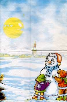 Serviette Schneemann, Kinder, Dorf im Schnee, Rarität